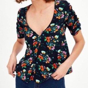 ZARA Floral Print V-Neck Blouse